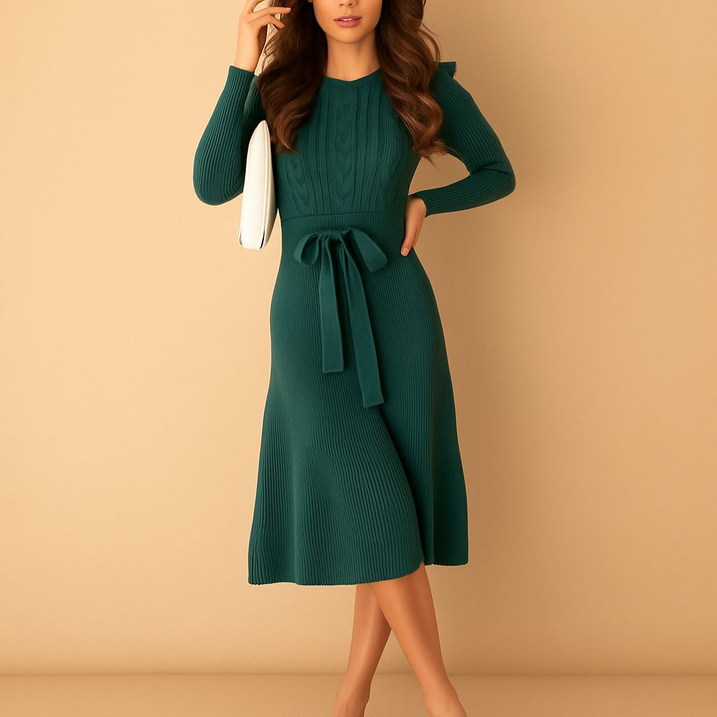 Women’s knitted long sleeve autumn dress with belt and round neckline in beige, black, gray, red, and green, perfect for everyday wear and office.