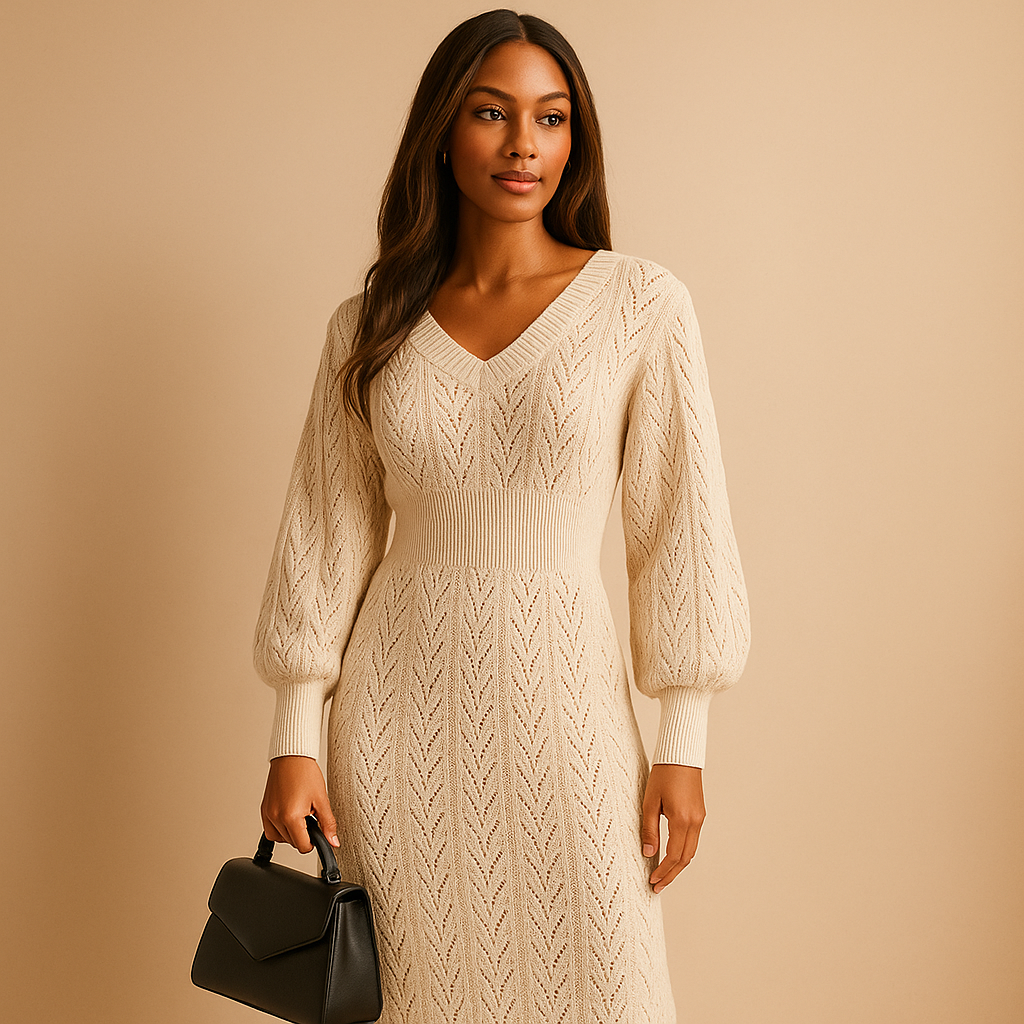 Women's Cozy Long Sleeve V-Neck Dress - VibreMode