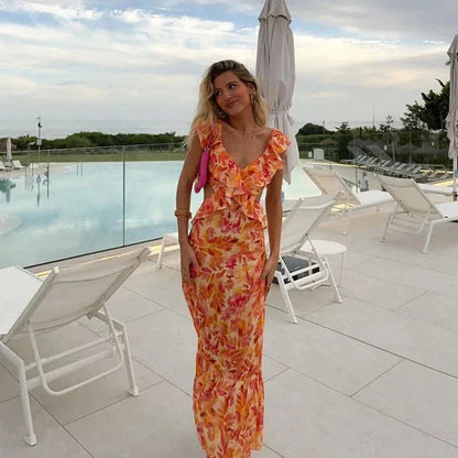 Women's V-Neck Ruffle Midi Dress