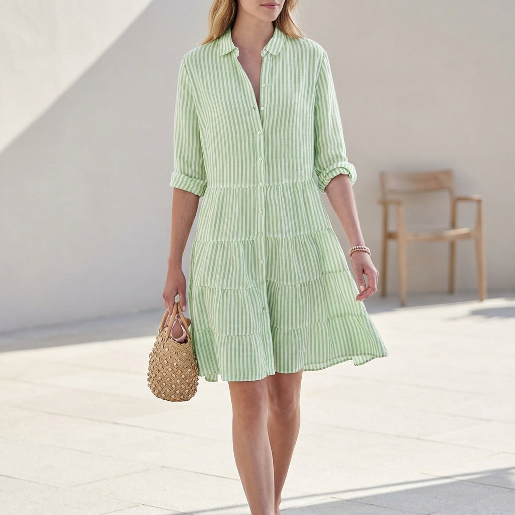Women's Tiered Mini Dress Button-Down Cotton - VibreMode