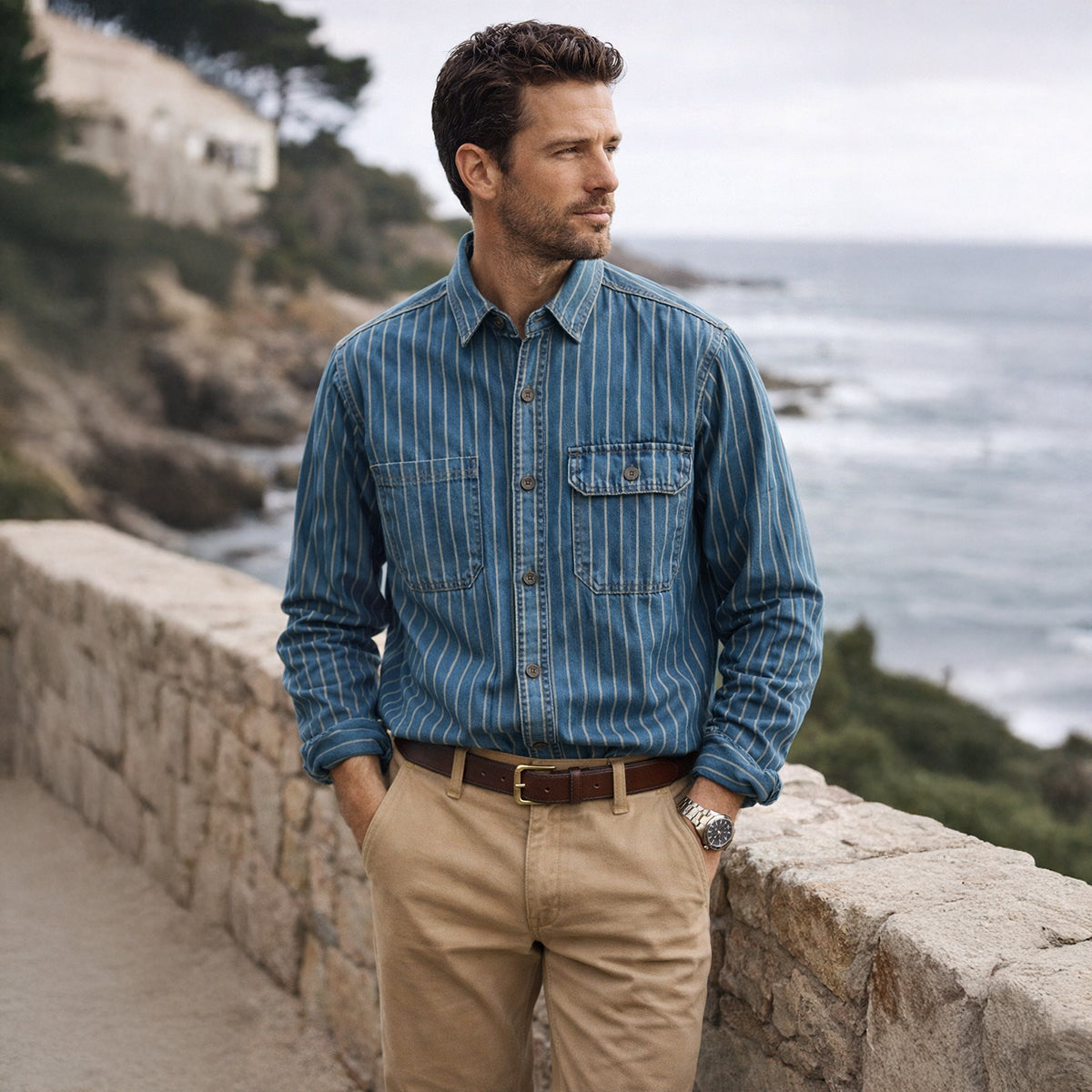Men's Denim Shirt Jacket Vertical Stripe Blue