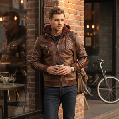 Men's Retro Leather Hooded Jacket With Pockets