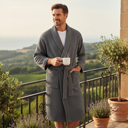 Men's Cotton Waffle Bathrobe Lightweight Beige