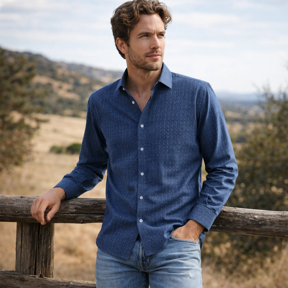 Men's Western Denim Shirt Two Tone Patchwork Vintage Blue