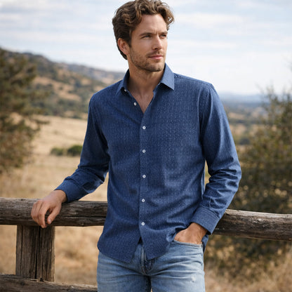 Men's Western Denim Shirt Two Tone Patchwork Vintage Blue