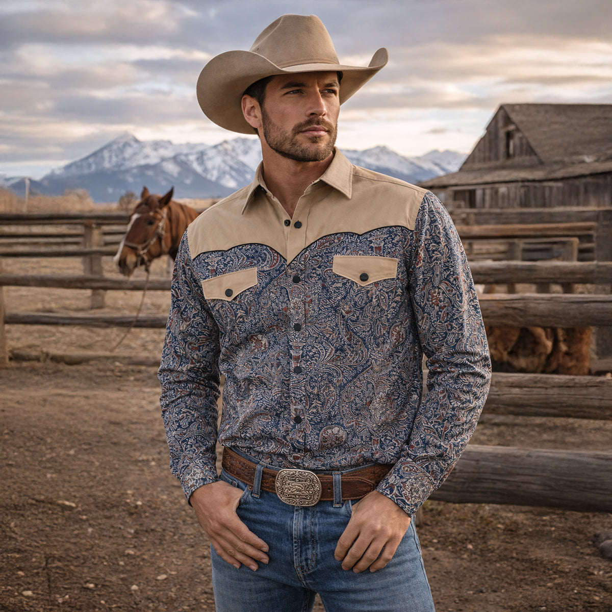 Men's Western Denim Shirt Two Tone Patchwork Soft Blue