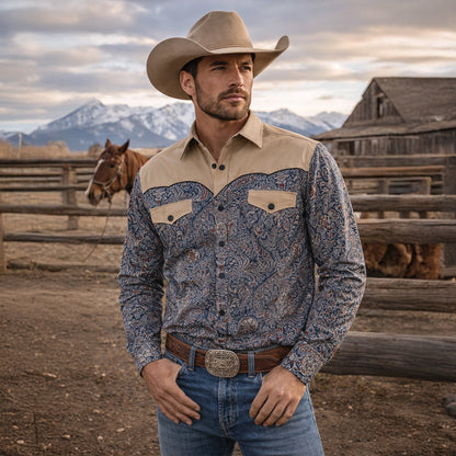 Men's Western Denim Shirt Two Tone Patchwork Soft Blue