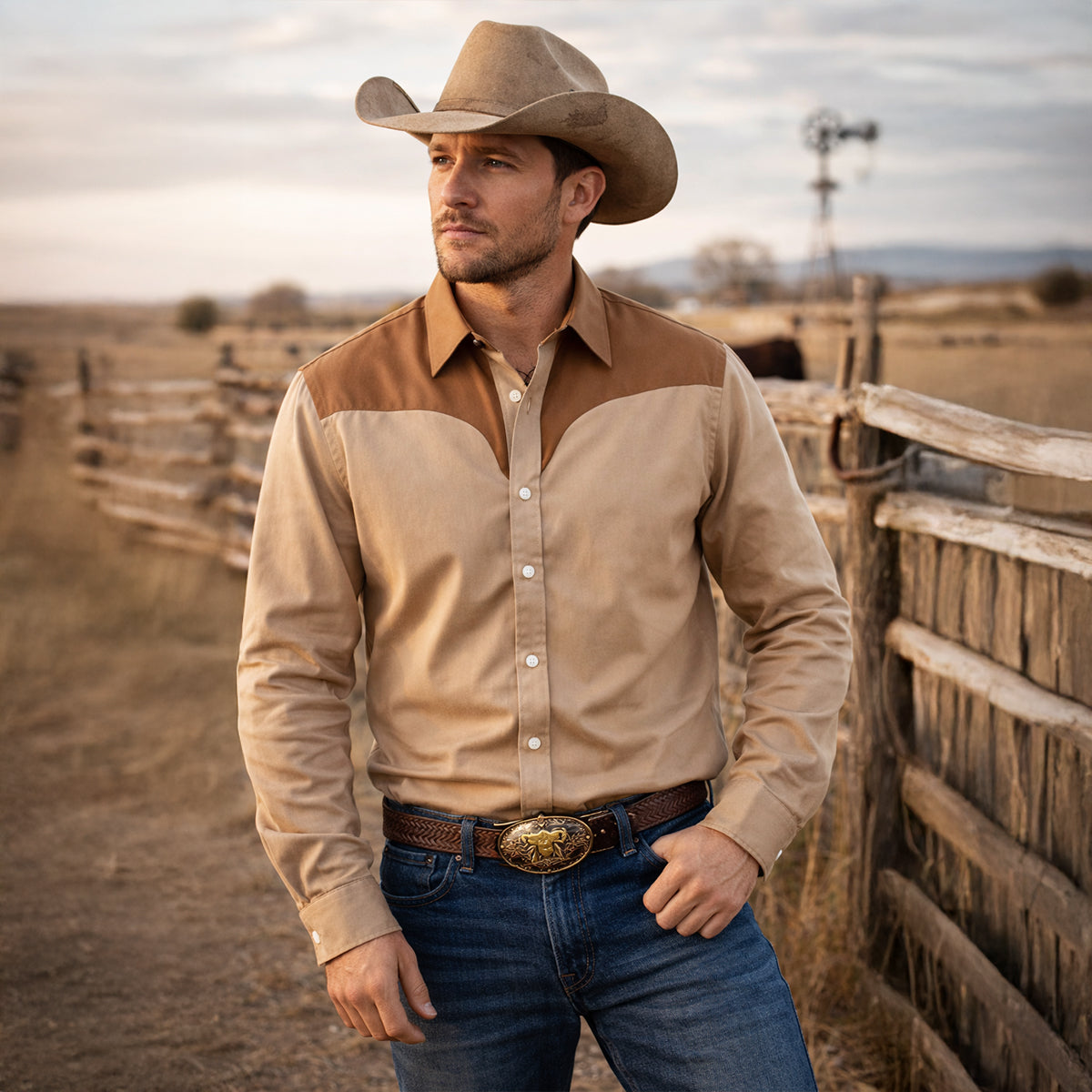 Men's Western Denim Shirt Two Tone Patchwork Retro Style