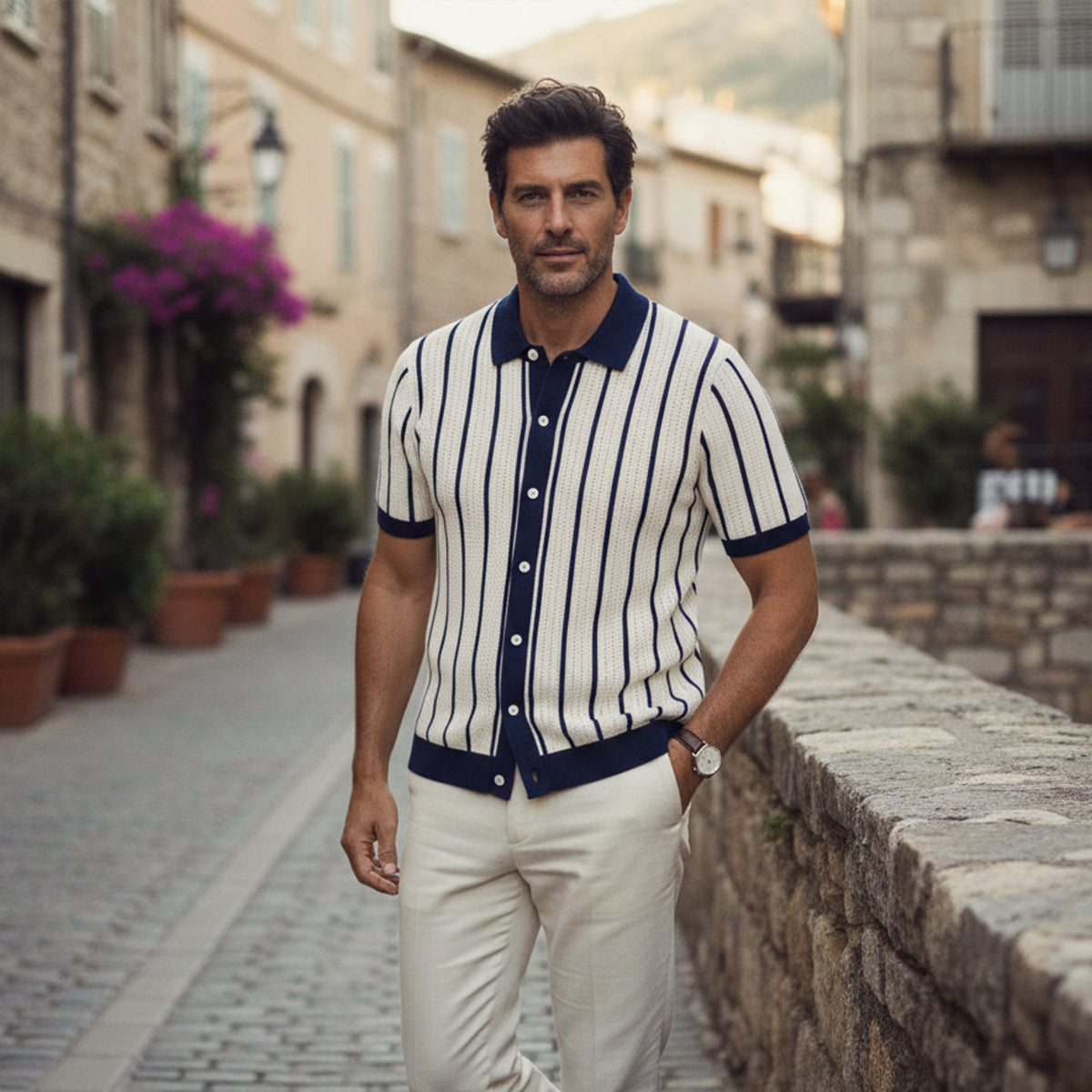 Men's Striped Polo Shirt Knit Cotton