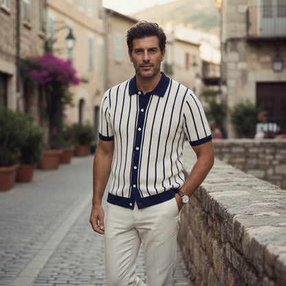 Men's Striped Polo Shirt Knit Cotton
