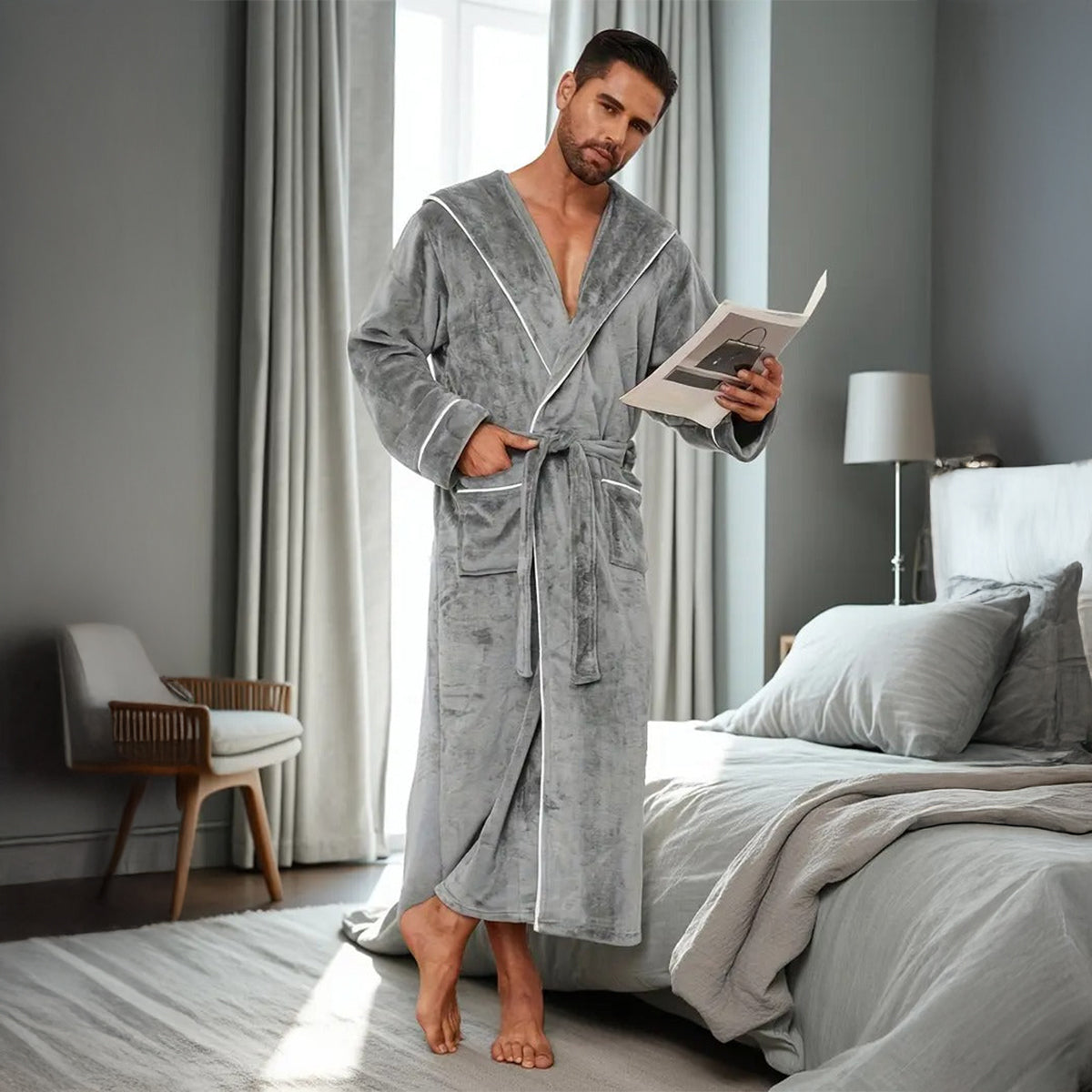 Men's Hooded Fleece Bathrobe With Belt