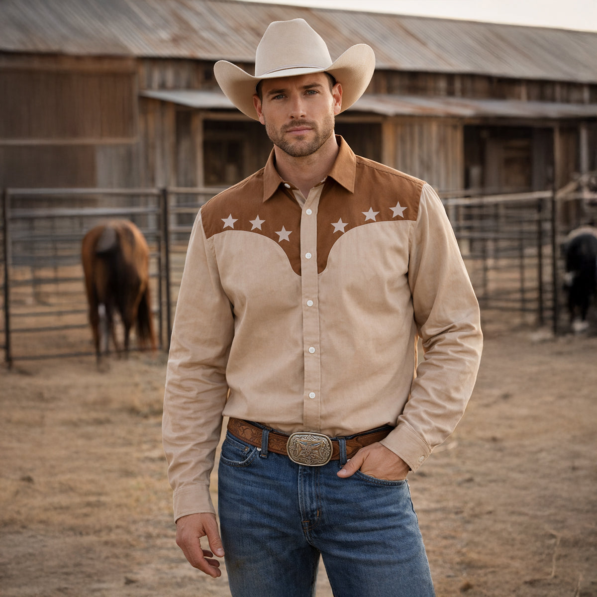 Men's Western Denim Shirt Two Tone Patchwork Blue