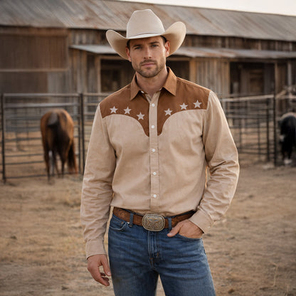 Men's Western Denim Shirt Two Tone Patchwork Blue