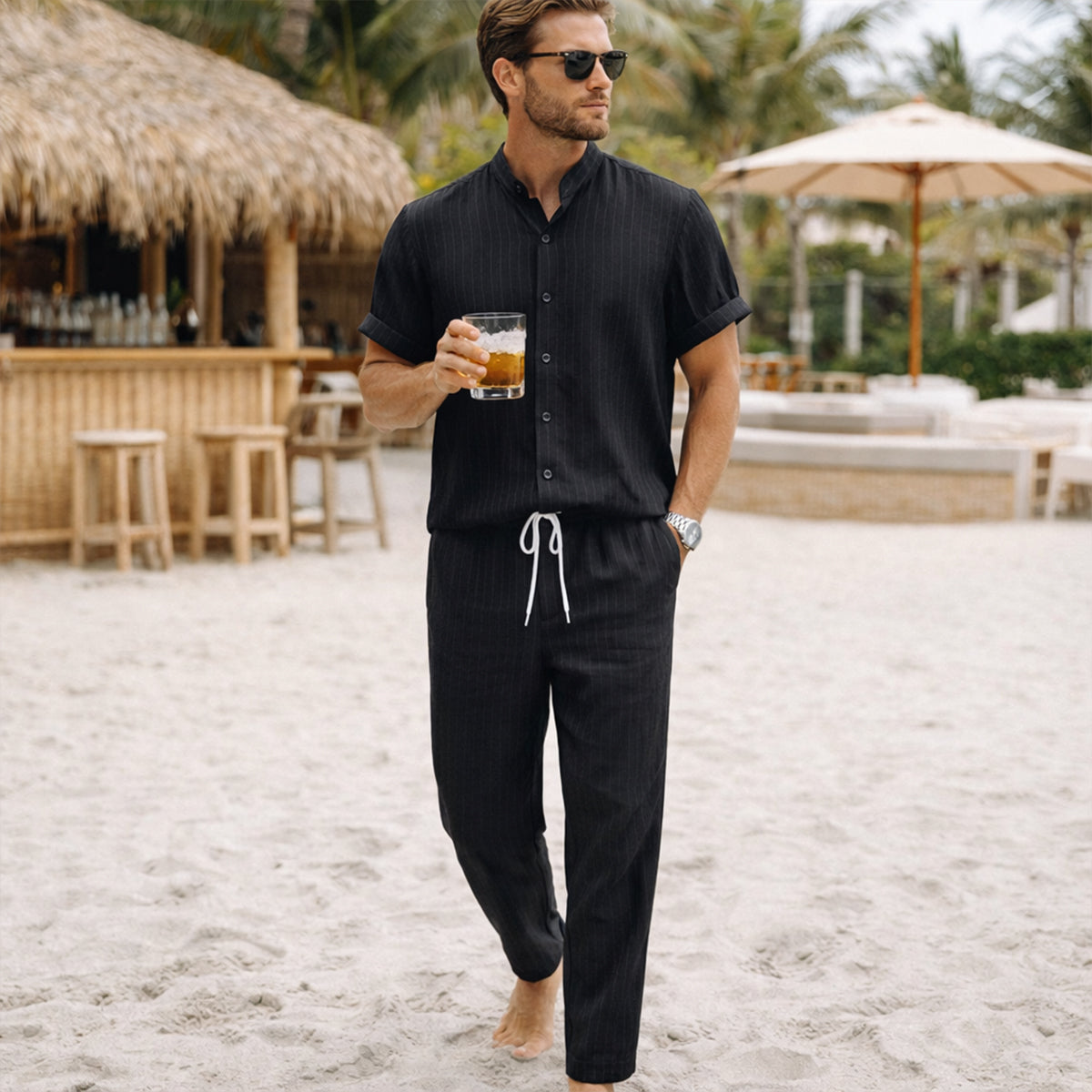 Men's Linen Summer Shirt Pants Set Soft Beige