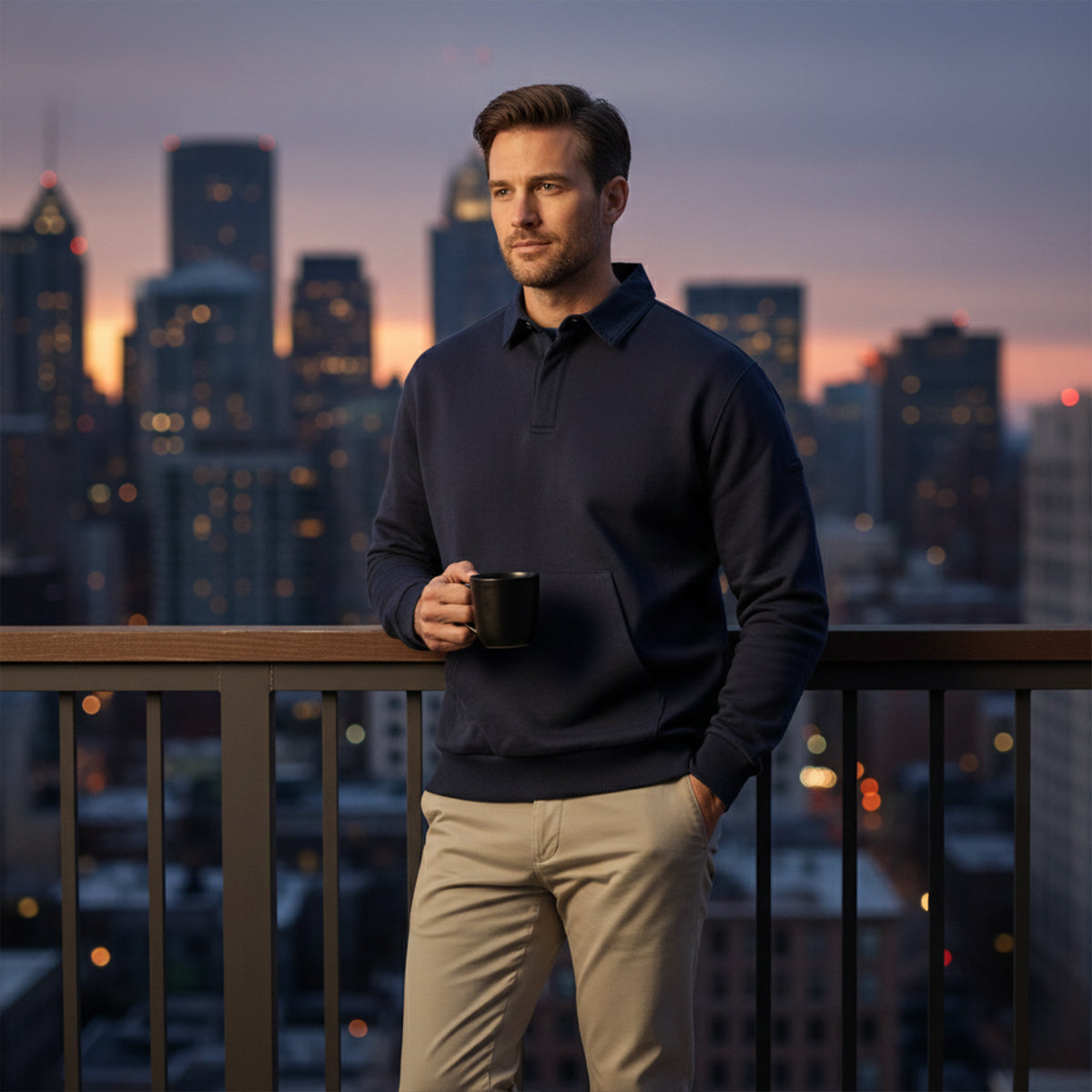 Men's Polo Sweatshirt Cotton Front Pocket