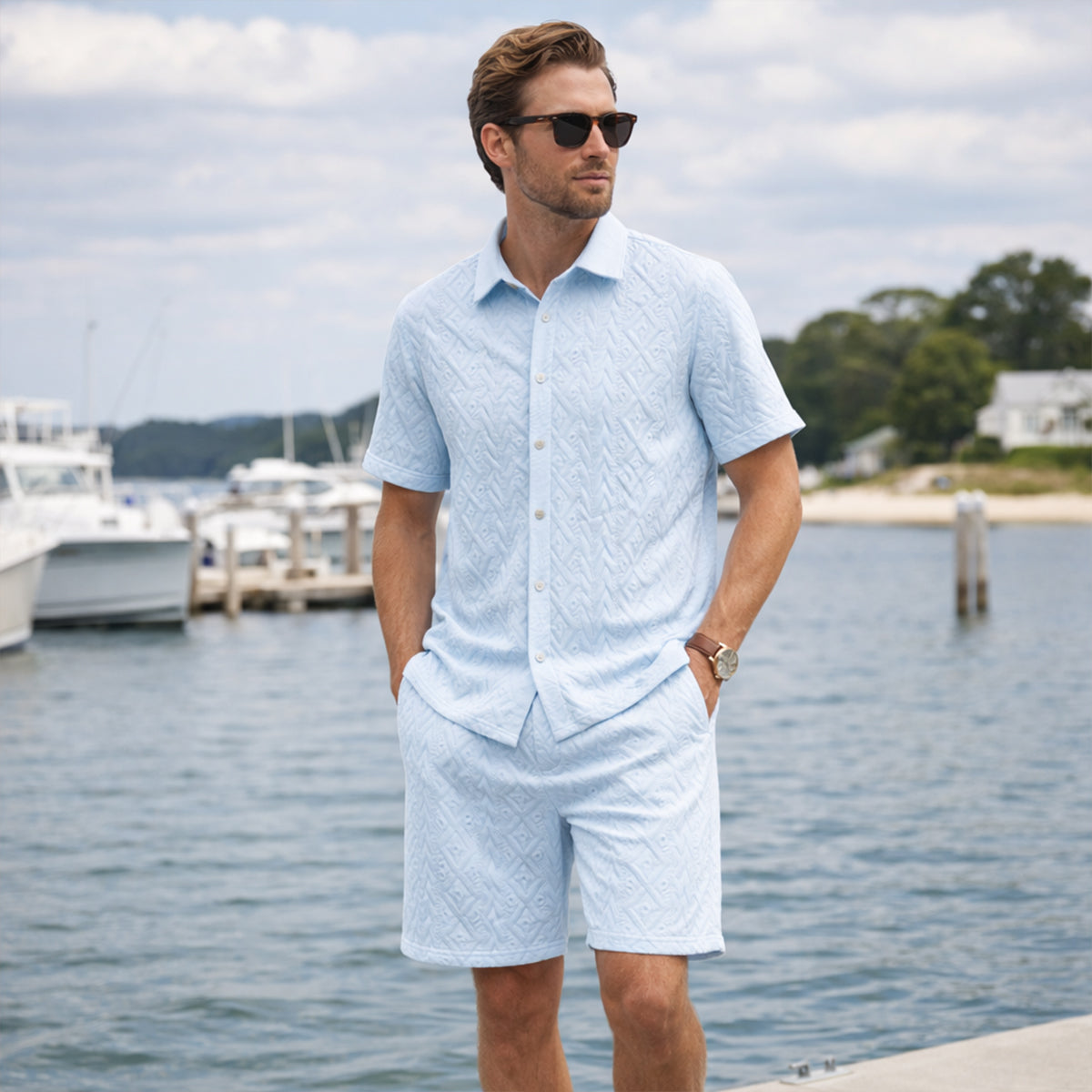 Men's Textured Summer Shirt And Shorts Set