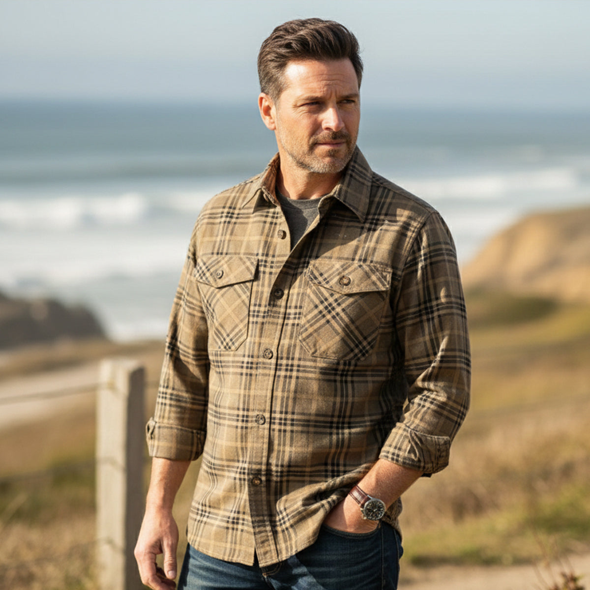 Men's Cotton Shirt Jacket Lightweight Checkered