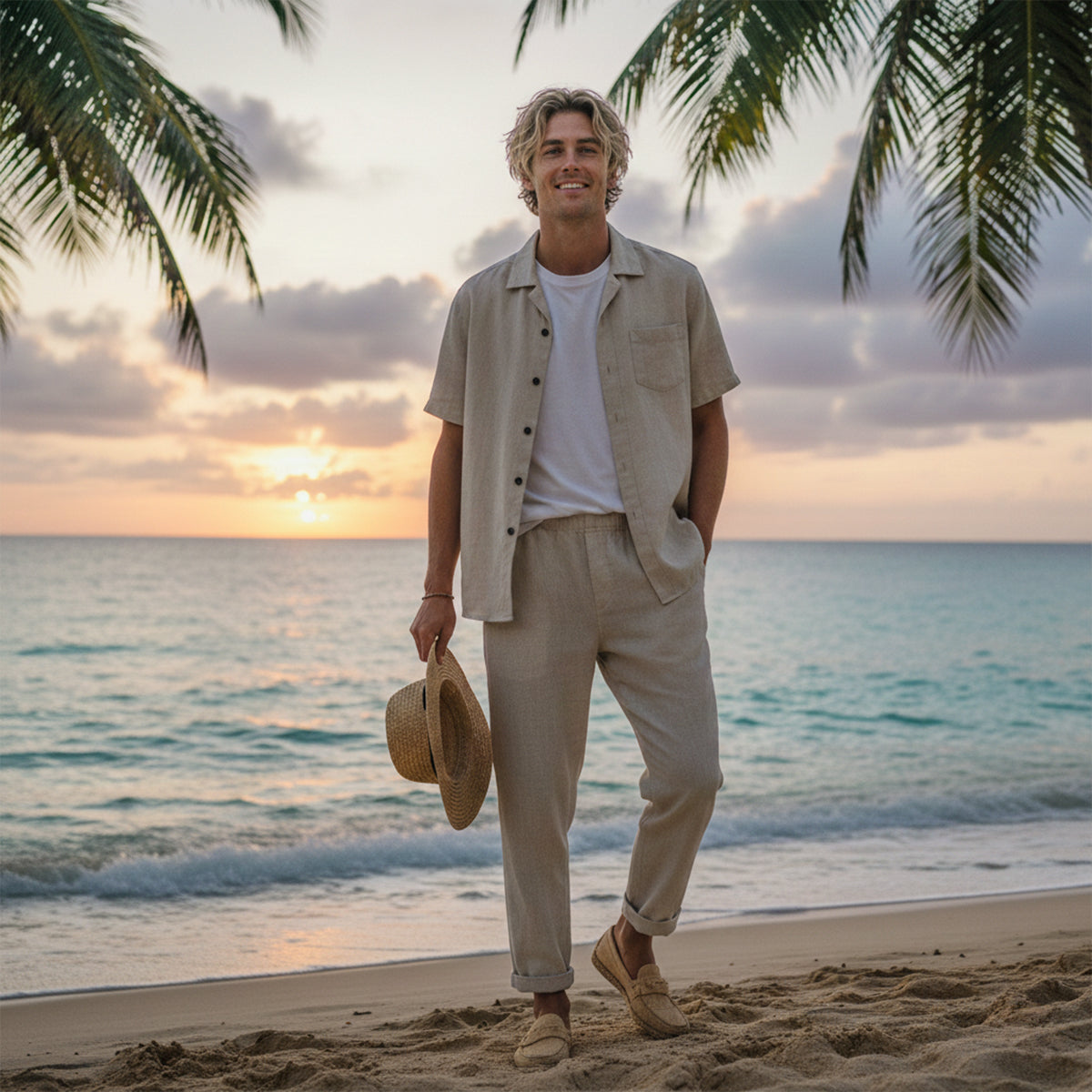 Men's Linen Beach Shirt And Pants Set