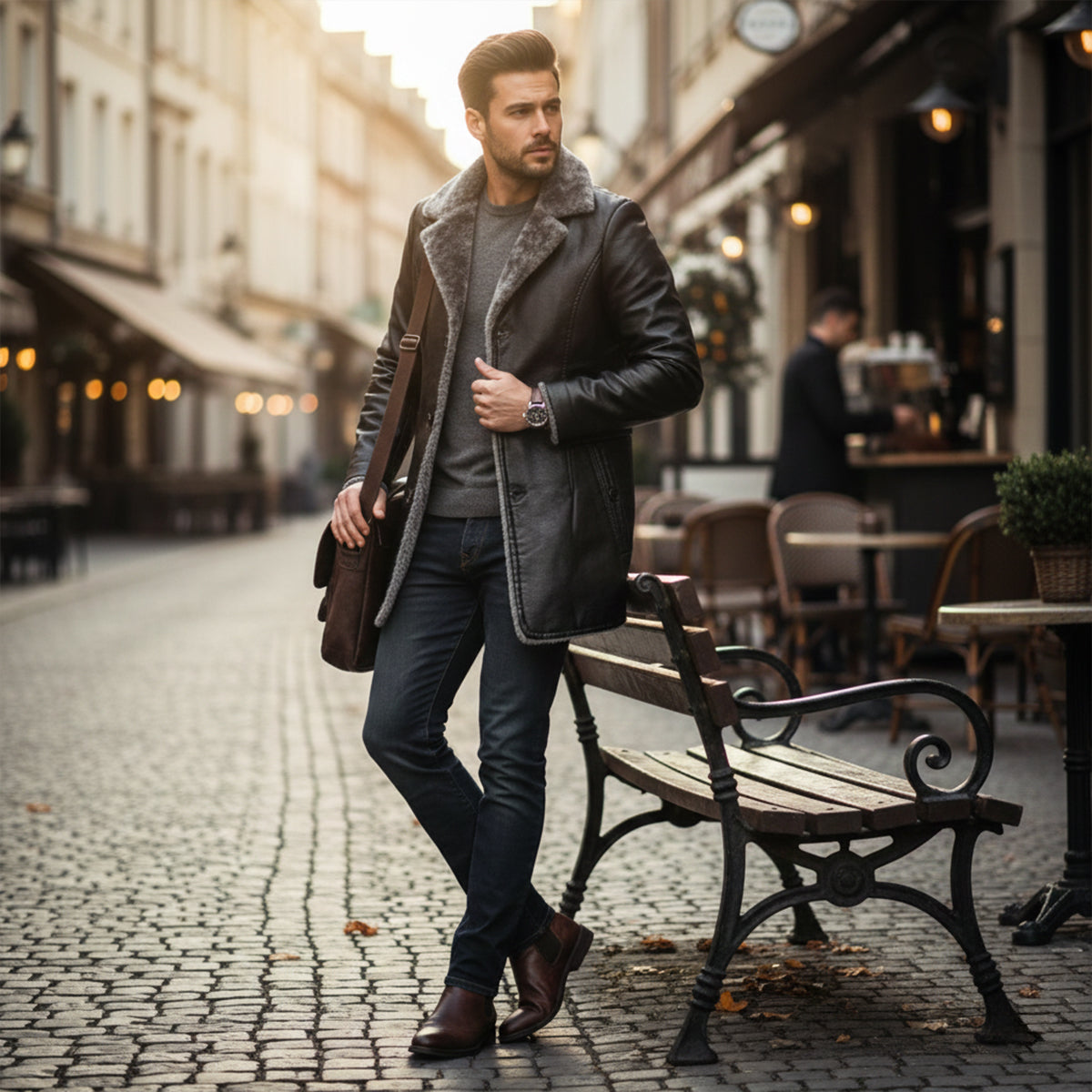 Men's Leather Winter Coat Fur Lined Long Black