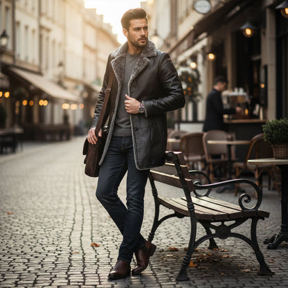 Men's Leather Winter Coat Fur Lined Long Black