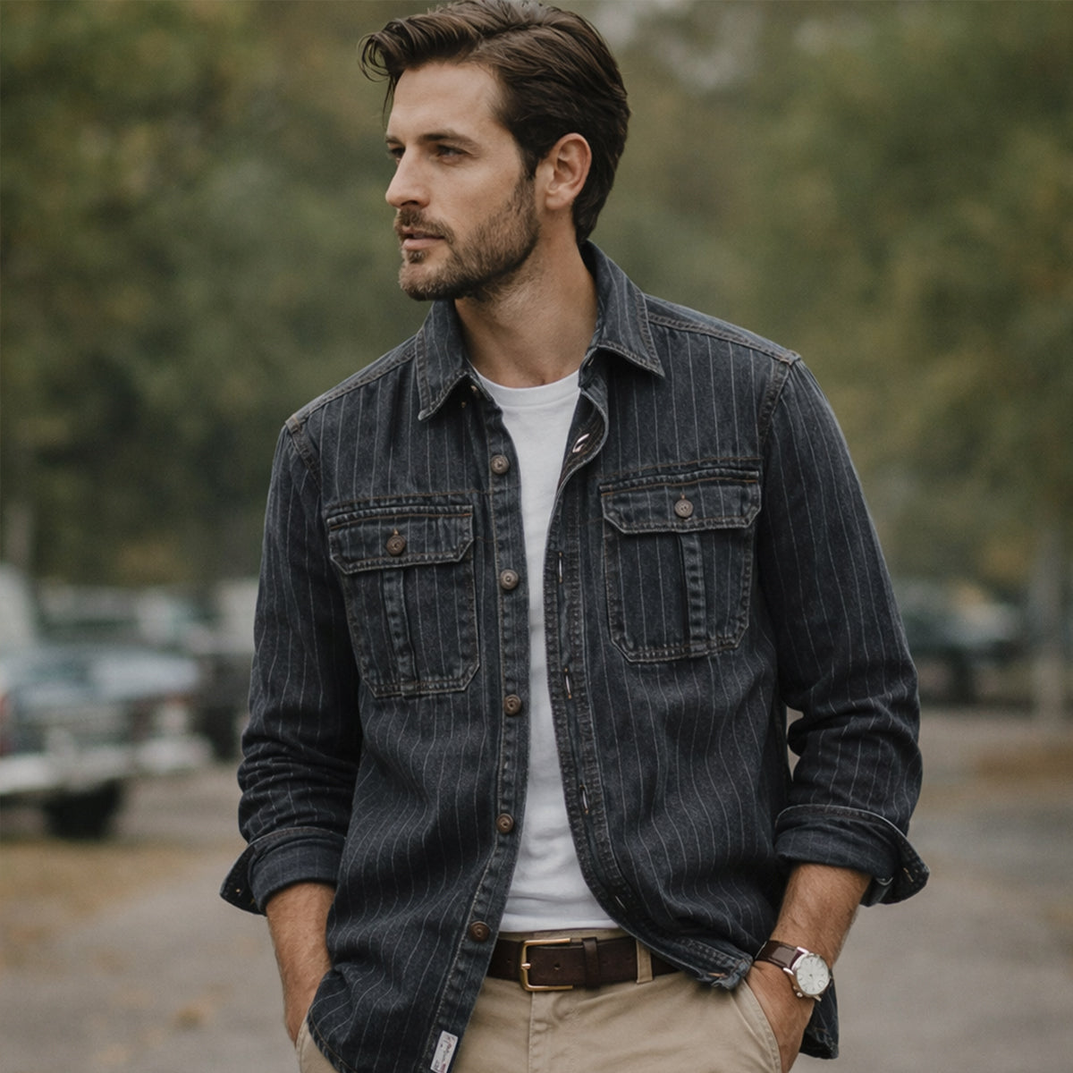 Men's Denim Shirt Jacket Striped Blue