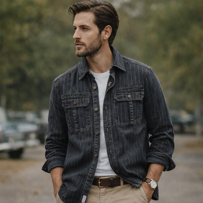 Men's Denim Shirt Jacket Striped Blue
