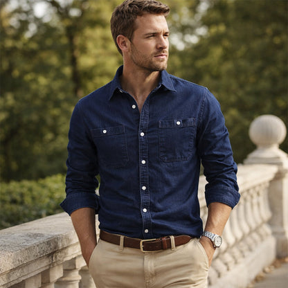 Men's Slim Fit Denim Shirt Double Pockets