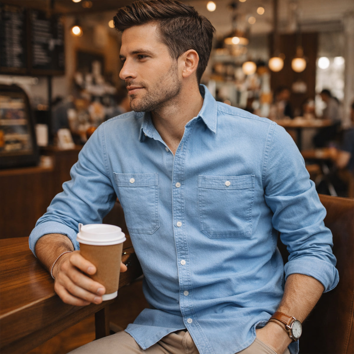 Men's Slim Fit Denim Shirt Double Pockets