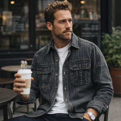 Men's Denim Shirt Jacket Striped Blue