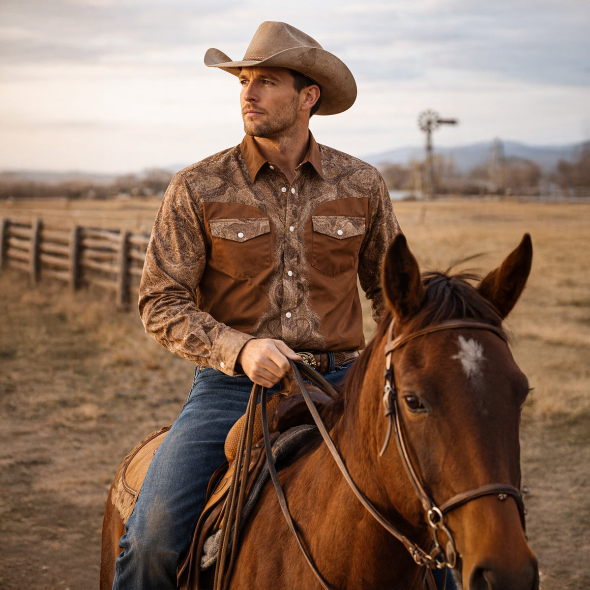 Men's Western Denim Shirt Two Tone Patchwork Retro Style