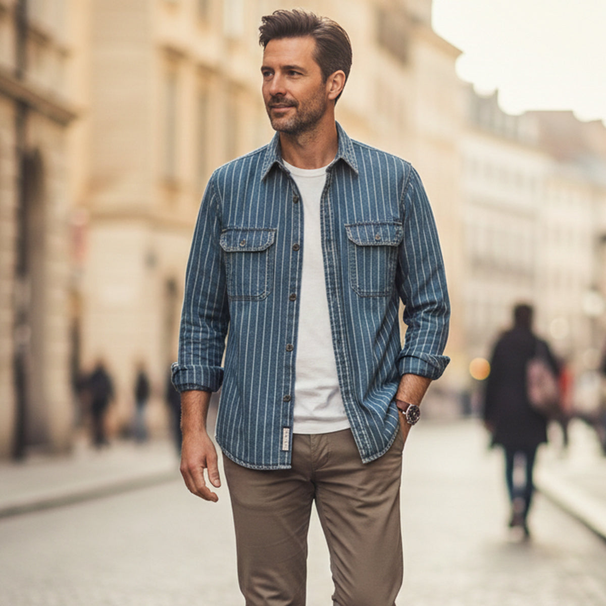 Men's Denim Shirt Jacket Vertical Stripe Blue