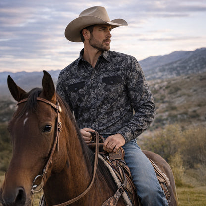 Men's Western Denim Shirt Two Tone Patchwork Soft Blue