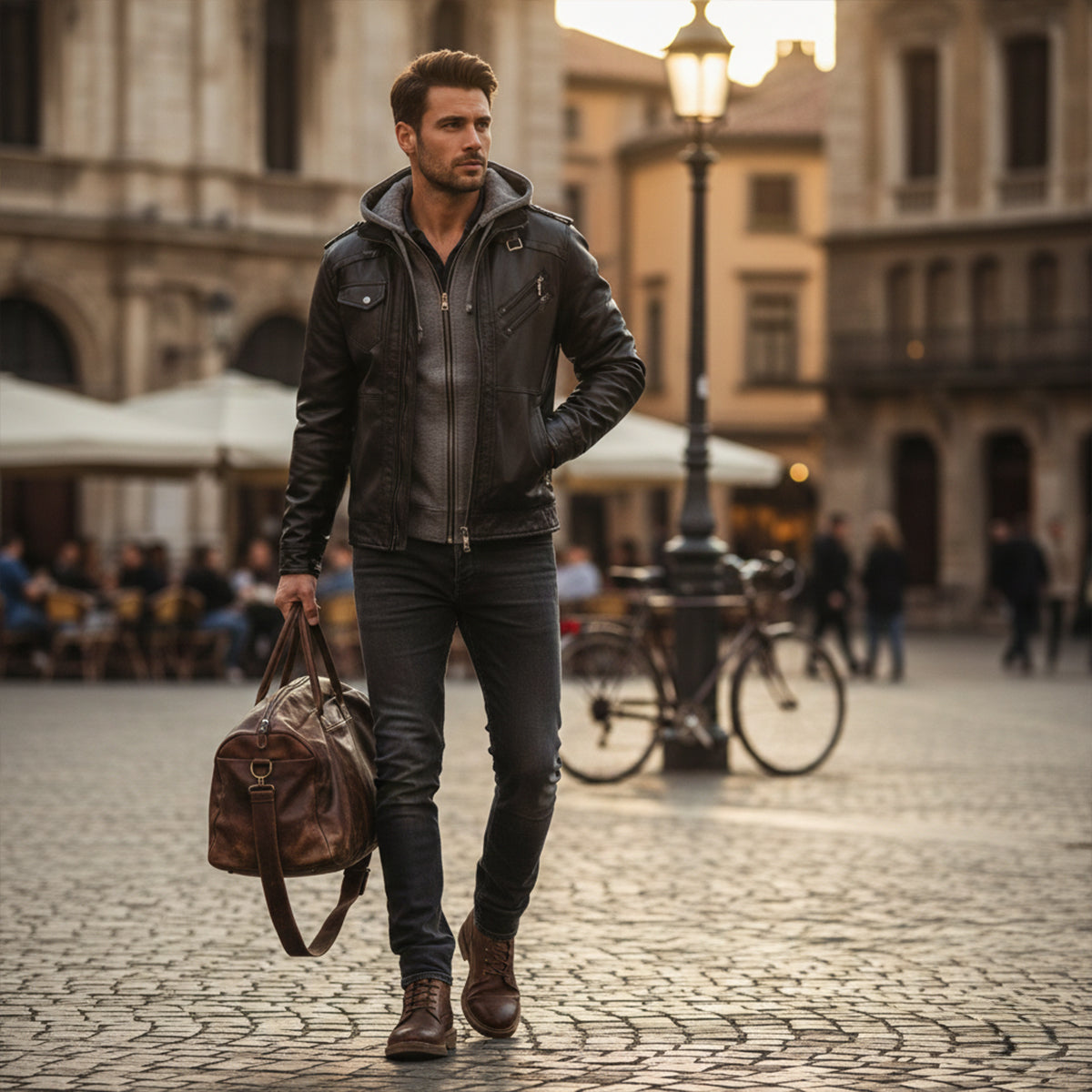 Men's Retro Leather Hooded Jacket With Pockets