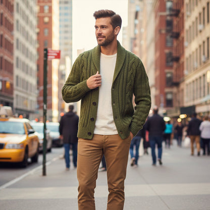 Men's Cable Knit Cardigan Shawl Collar Button Up