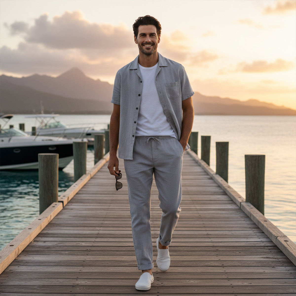 Men's Linen Beach Shirt And Pants Set