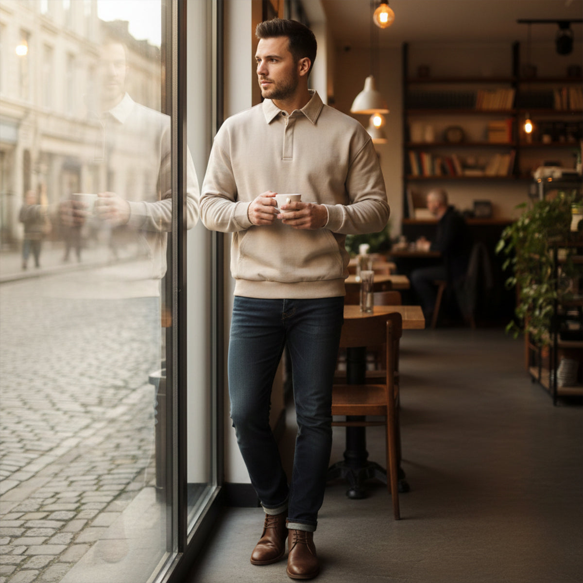 Men's Polo Sweatshirt Cotton Front Pocket