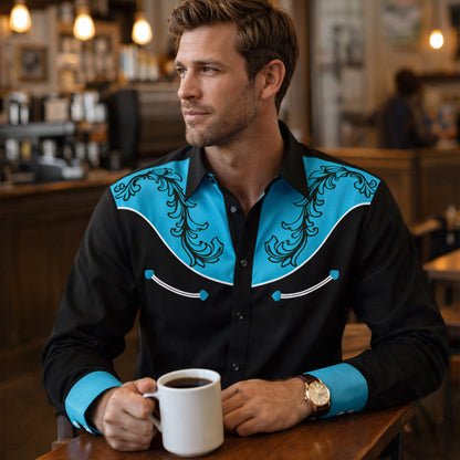 Men's Western Denim Shirt Two Tone Patchwork Lightweight Blue