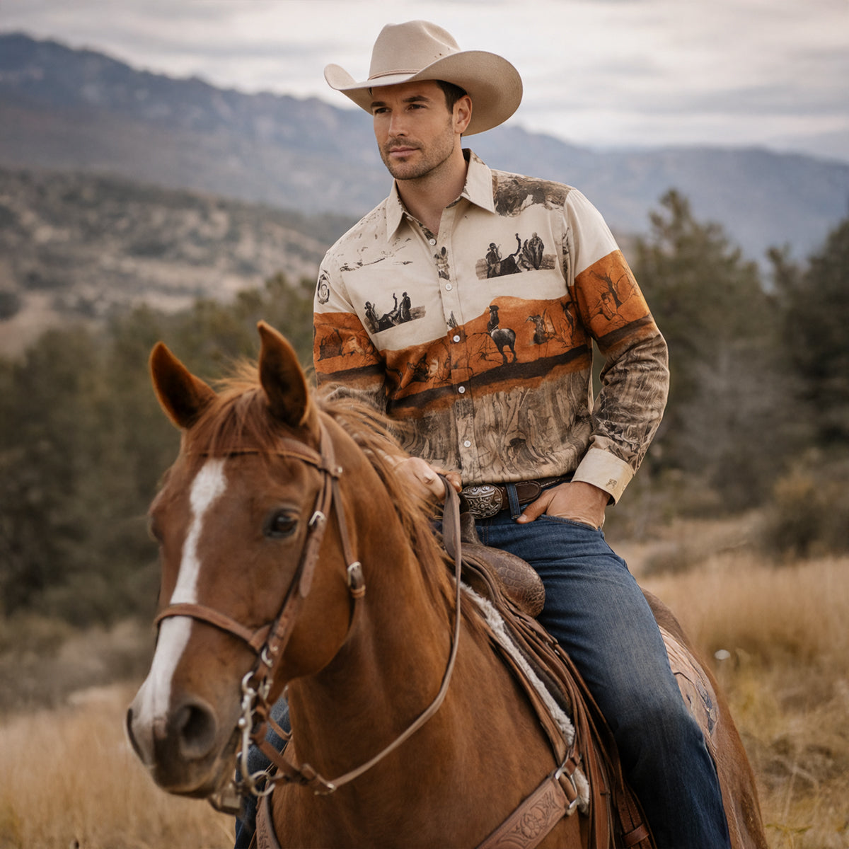 Men's Western Denim Shirt Two Tone Patchwork Blue