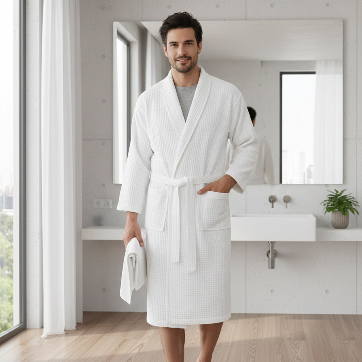 Men's Cotton Waffle Bathrobe Lightweight Beige