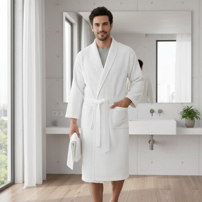 Men's Cotton Waffle Bathrobe Lightweight Beige