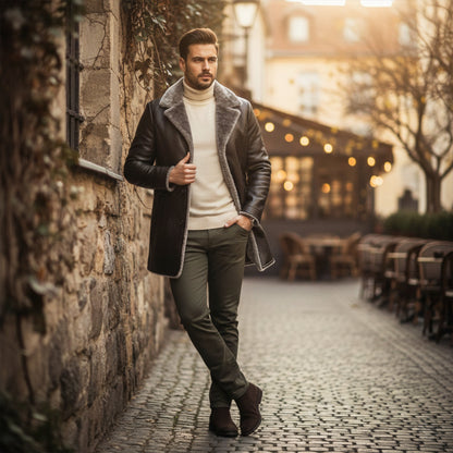Men's Leather Winter Coat Fur Lined Long Black