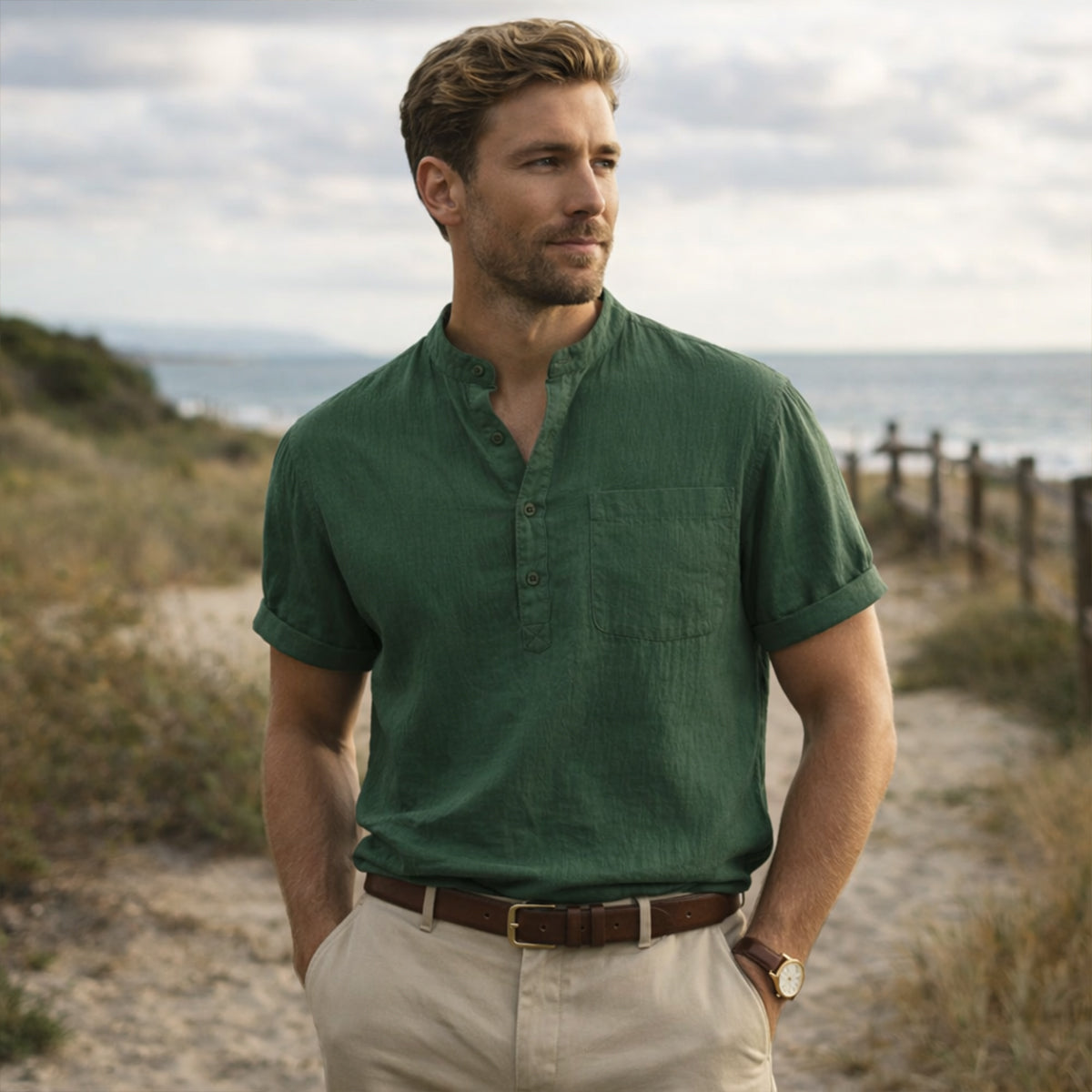 Men's Cotton Linen Henley Shirt Breathable