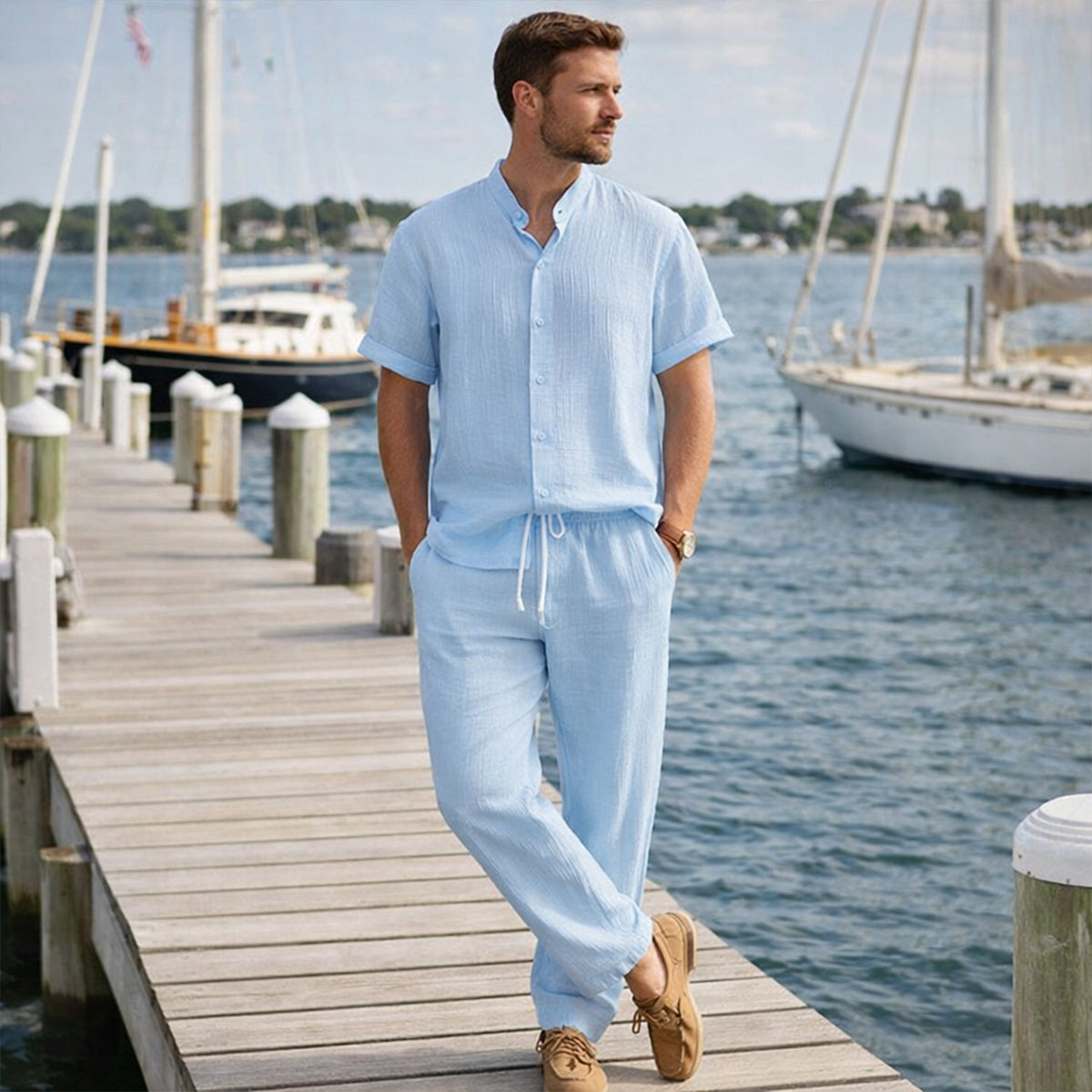 Men's Linen Summer Shirt Pants Set Soft Beige