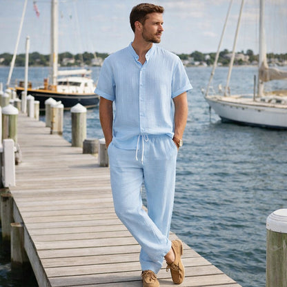 Men's Linen Summer Shirt Pants Set Soft Beige