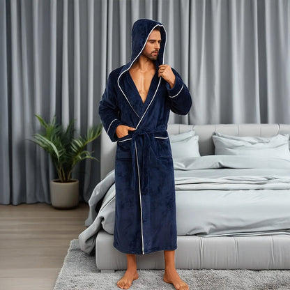 Men's Hooded Fleece Bathrobe With Belt