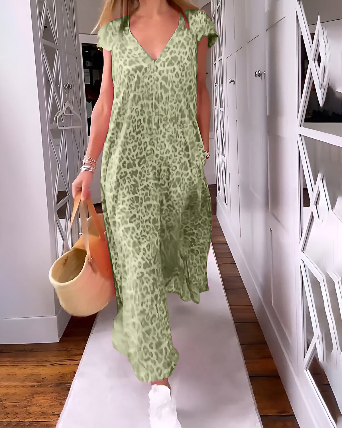 Women's V Neck Printed Long Dress Short Sleeve Loose Fit