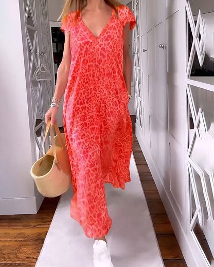 Women's V Neck Printed Long Dress Short Sleeve Loose Fit