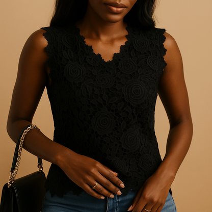 Women’s lace blouse with relaxed fit and round neckline, featuring elegant lace details in multiple colors.