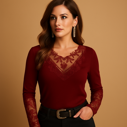 Women’s lace blouse with a feminine, lightly tailored fit, ideal for everyday wear, formal occasions, and elegant evening outfits.