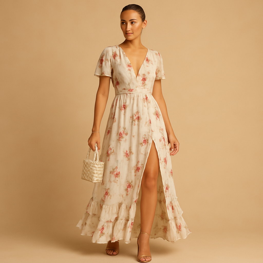 Women’s lace floral midi dress with elegant neckline and flattering fit, ideal for weddings, cocktail parties and formal evening events.